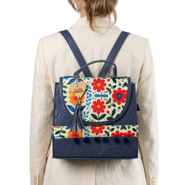 Bolsa Artesanal Azul Marino Bordado Floral | Bolso 3 en 1 Mochila y Crossbody
