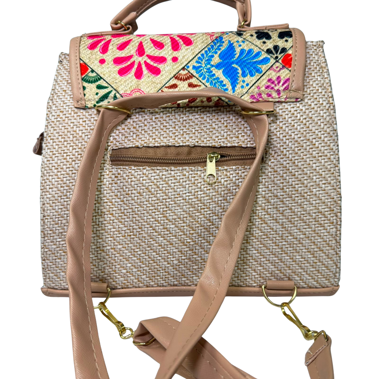 Mochila Artesanal de Piel sintética Bordada con Detalles Florales y Pompones