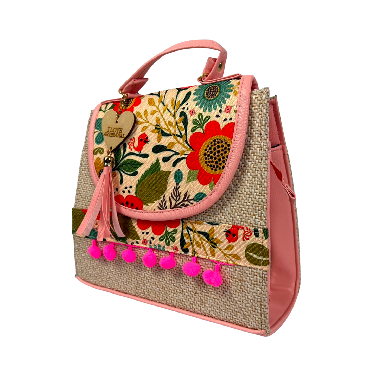 Bolsa Artesanal Convertible 3 en 1 Floral Rosa | Mochila, Crossbody y Bolsa de Mano para Mujer