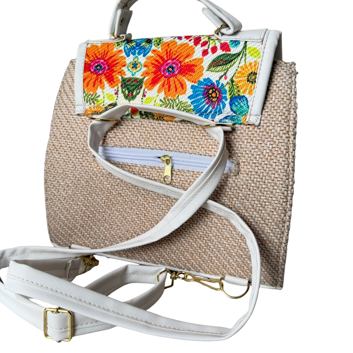 Bolsa Artesanal Blanca Bordado Floral Multicolor | Bolso 3 en 1 Mochila y Crossbody