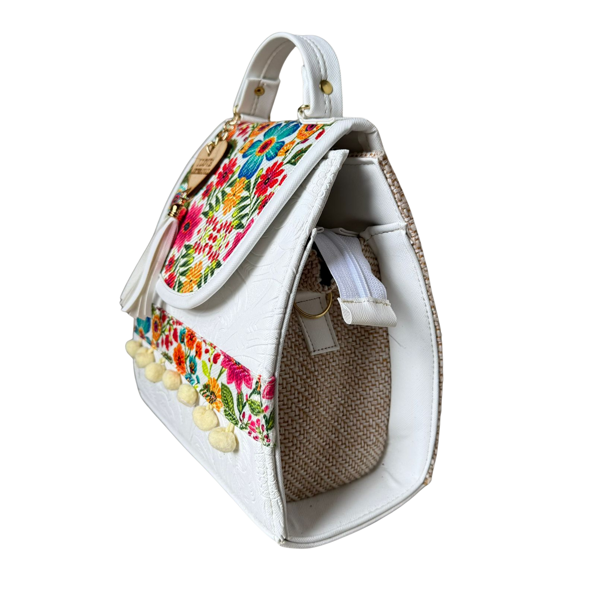 Bolsa Artesanal Blanca Bordado Floral Multicolor | Bolso 3 en 1 Mochila y Crossbody