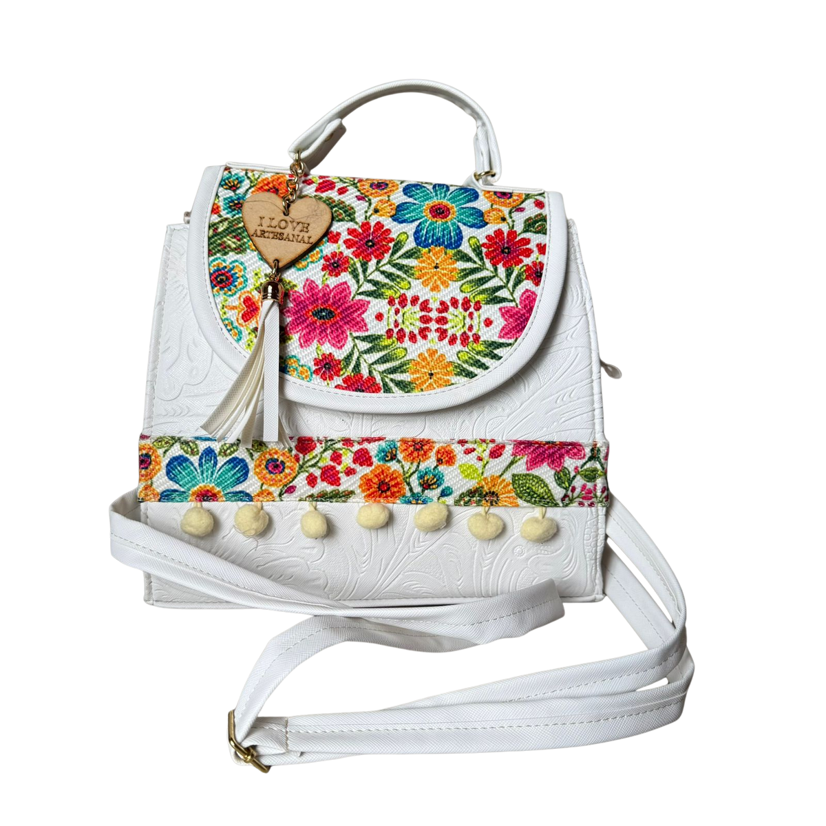 Bolsa Artesanal Blanca Bordado Floral Multicolor | Bolso 3 en 1 Mochila y Crossbody