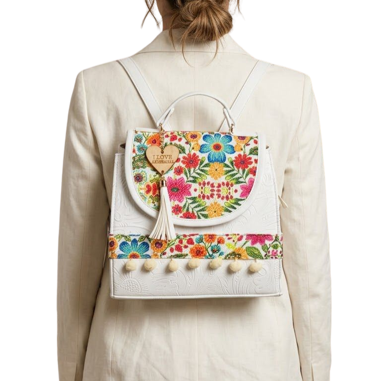 Bolsa Artesanal Blanca Bordado Floral Multicolor | Bolso 3 en 1 Mochila y Crossbody