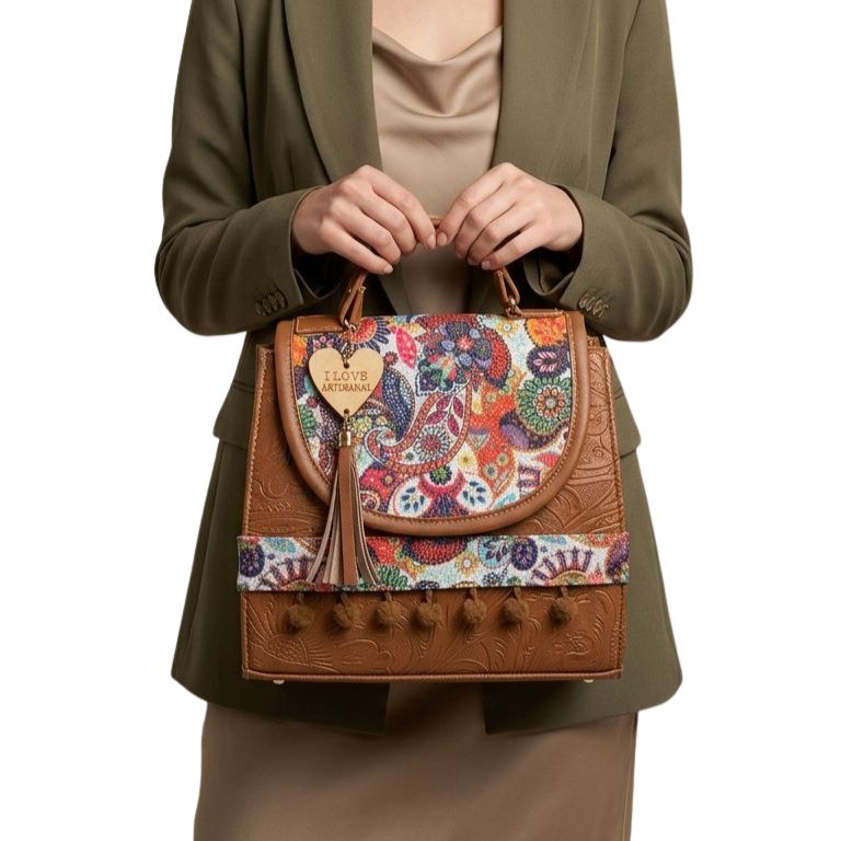 Bolsa Artesanal Café Paisley Multicolor | Bolso 3 en 1 Mochila y Crossbody