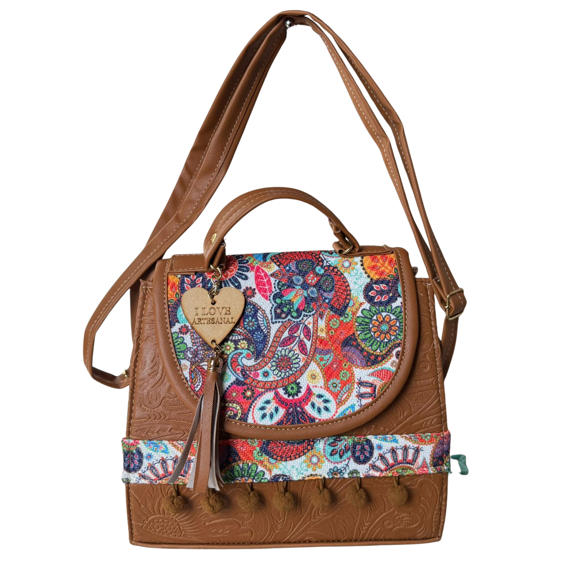 Bolsa Artesanal Café Paisley Multicolor | Bolso 3 en 1 Mochila y Crossbody