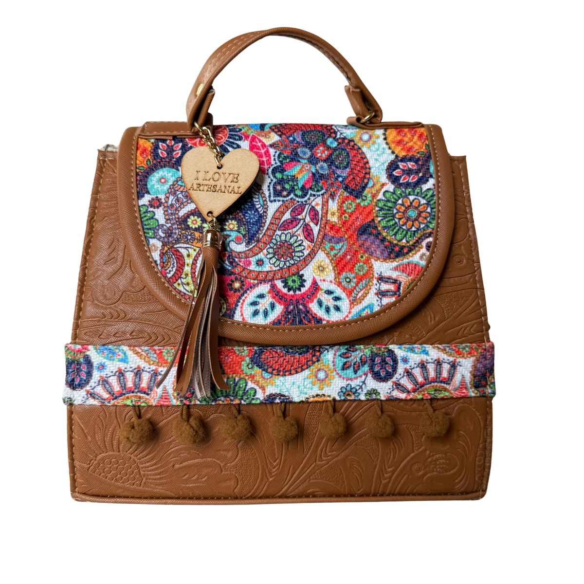 Bolsa Artesanal Café Paisley Multicolor | Bolso 3 en 1 Mochila y Crossbody