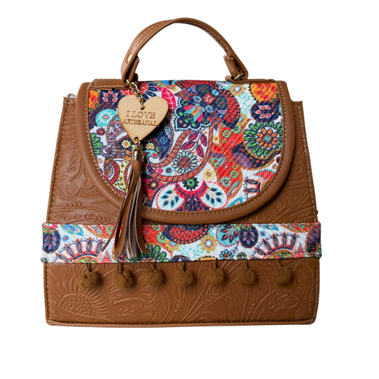 Bolsa Artesanal Café Paisley Multicolor | Bolso 3 en 1 Mochila y Crossbody