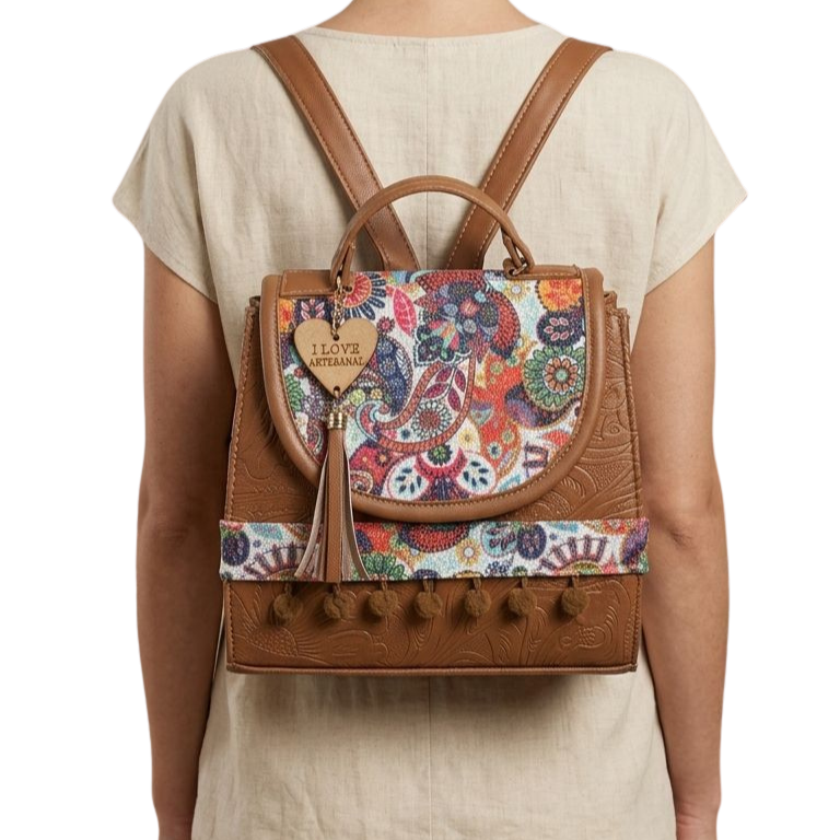 Bolsa Artesanal Café Paisley Multicolor | Bolso 3 en 1 Mochila y Crossbody