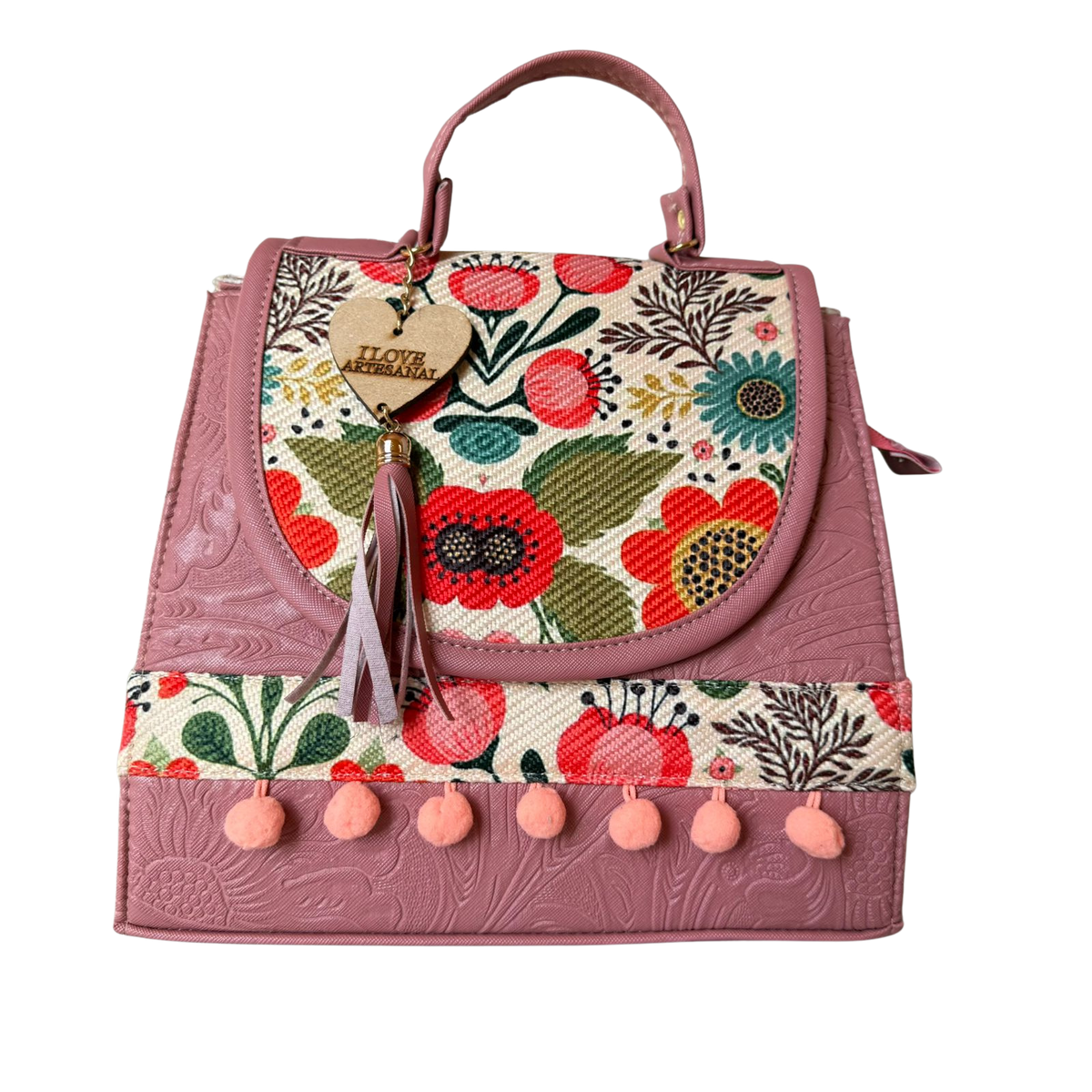 Bolsa Artesanal Rosa Mauve Floral Vintage | Bolso 3 en 1 Mochila y Crossbody
