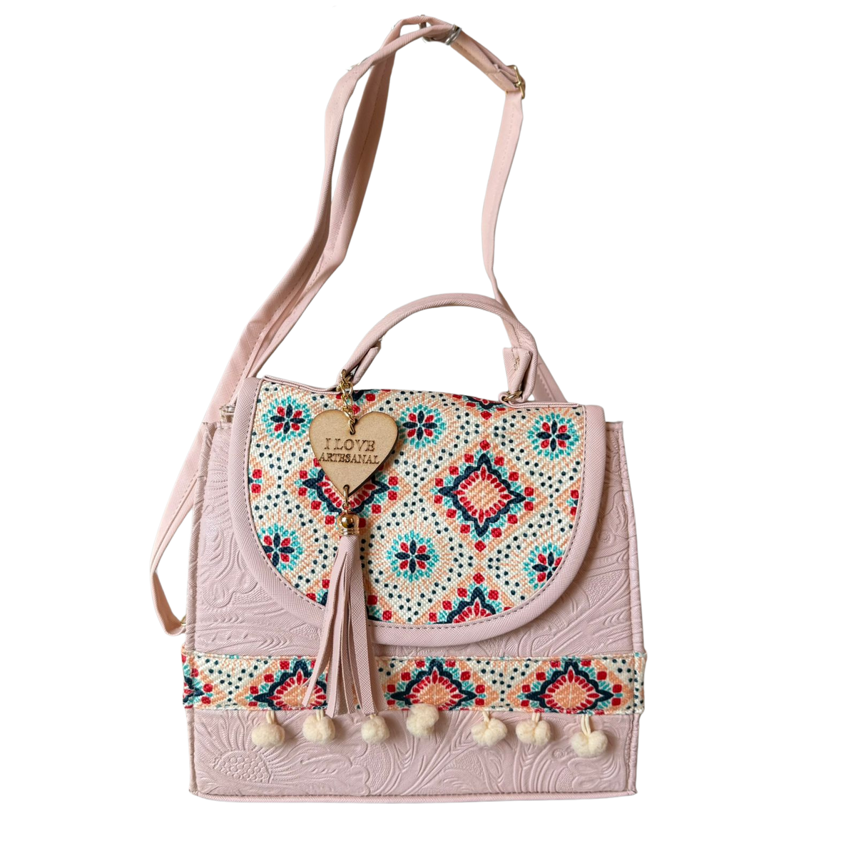 Bolsa Artesanal Rosa Mosaico Floral | Bolso 3 en 1 Mochila y Crossbody