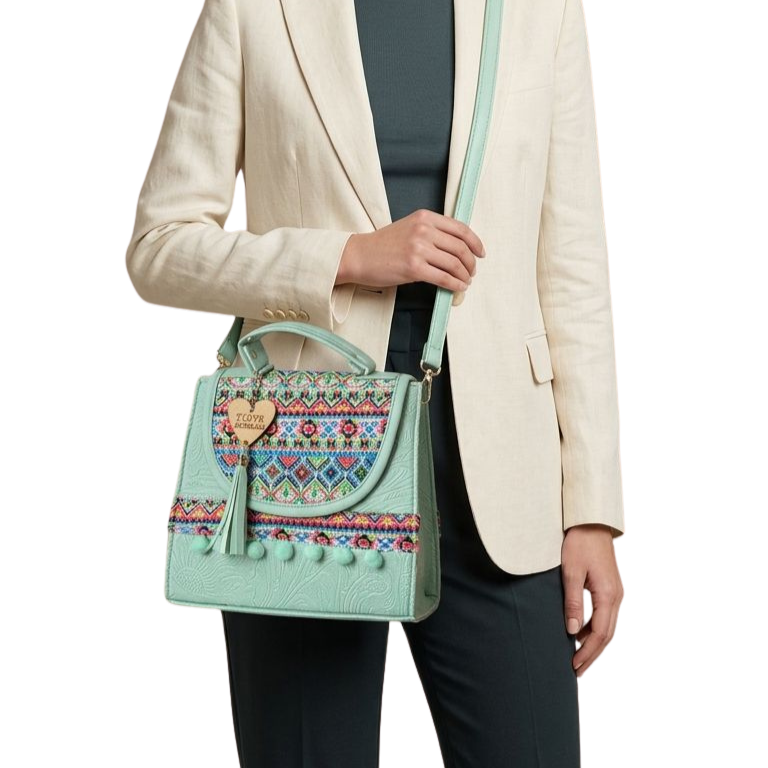 Bolsa Artesanal Verde Menta Bordado Geométrico | Bolso 3 en 1 Mochila y Crossbody