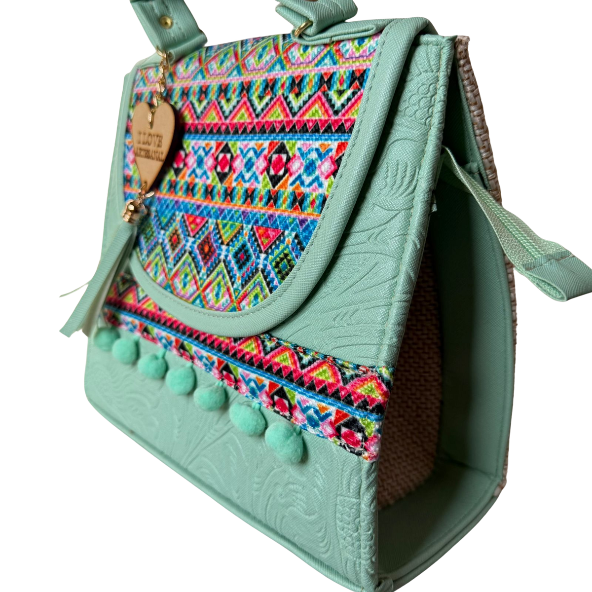 Bolsa Artesanal Verde Menta Bordado Geométrico | Bolso 3 en 1 Mochila y Crossbody