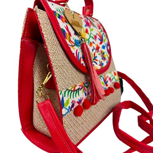 Bolso Mochila Artesanal de Yute - Edición Floral Rojo