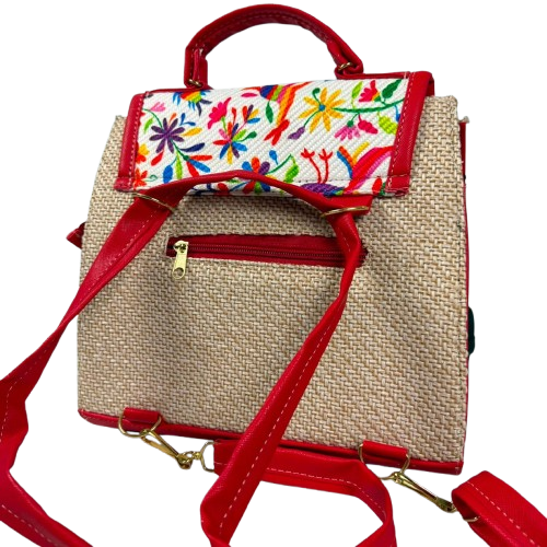 Bolso Mochila Artesanal de Yute - Edición Floral Rojo