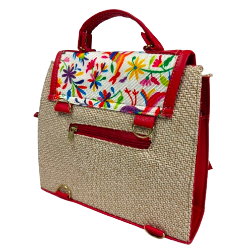 Bolso Mochila Artesanal de Yute - Edición Floral Rojo