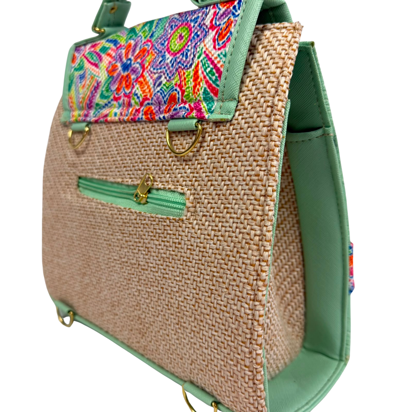 Mochila y Bolso de Mano Artesanal Verde Menta con Bordado Floral Mexicano