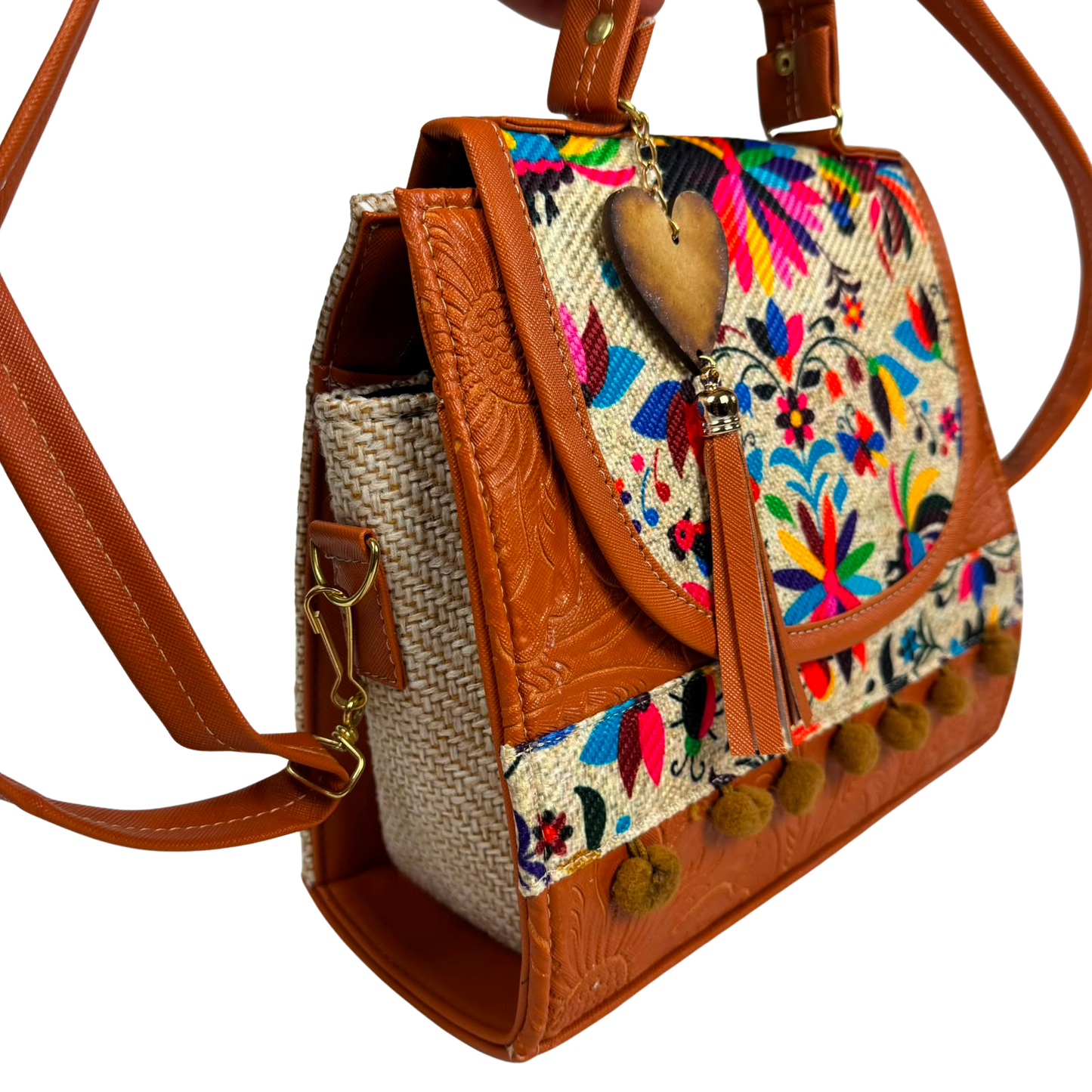 Mochila y Bolso Artesanal Café de Mano 3 en 1 – Bordado Floral Multicolor