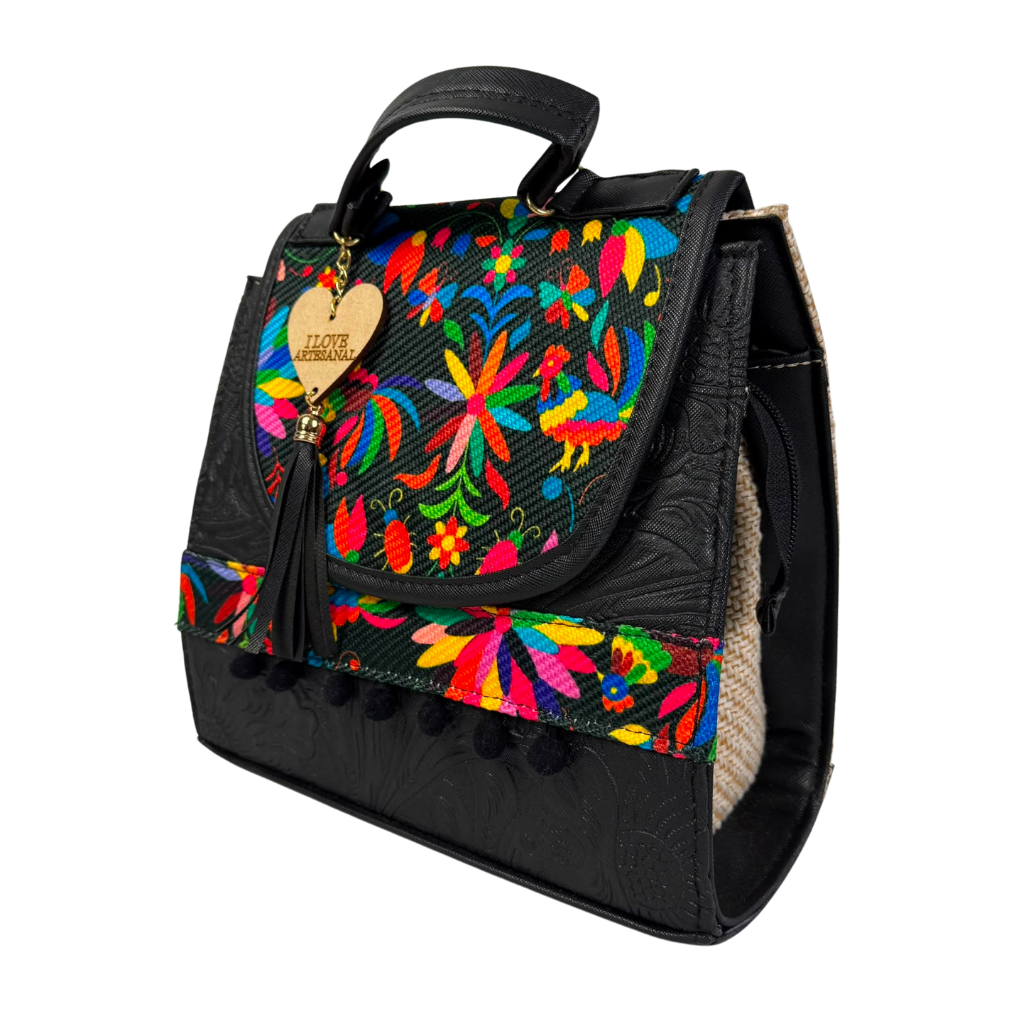 Mochila y Bolso Artesanal de Mano 3 en 1 – Bordado Mexicano Multicolor