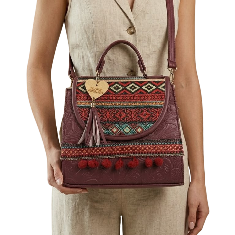 Mochila y Bolso de Mano Artesanal Color Vino con Bordado Geométrico Étnico