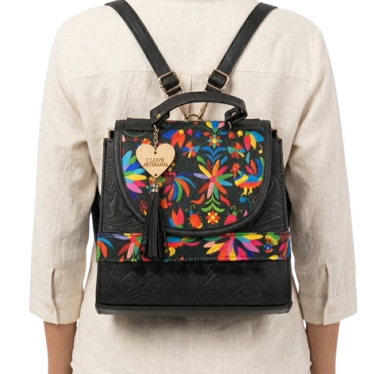 Mochila y Bolso Artesanal de Mano 3 en 1 – Bordado Mexicano Multicolor