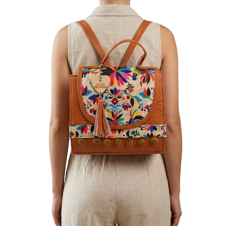 Mochila y Bolso Artesanal Café de Mano 3 en 1 – Bordado Floral Multicolor