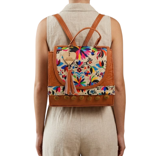 Mochila y Bolso Artesanal Café de Mano 3 en 1 – Bordado Floral Multicolor