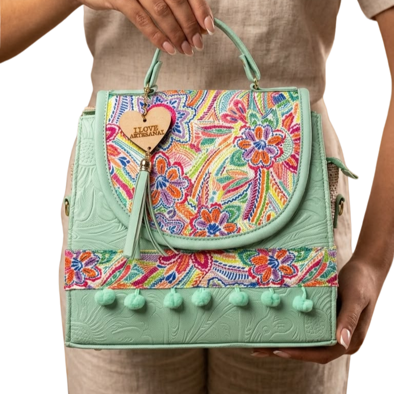 Mochila y Bolso de Mano Artesanal Verde Menta con Bordado Floral Mexicano