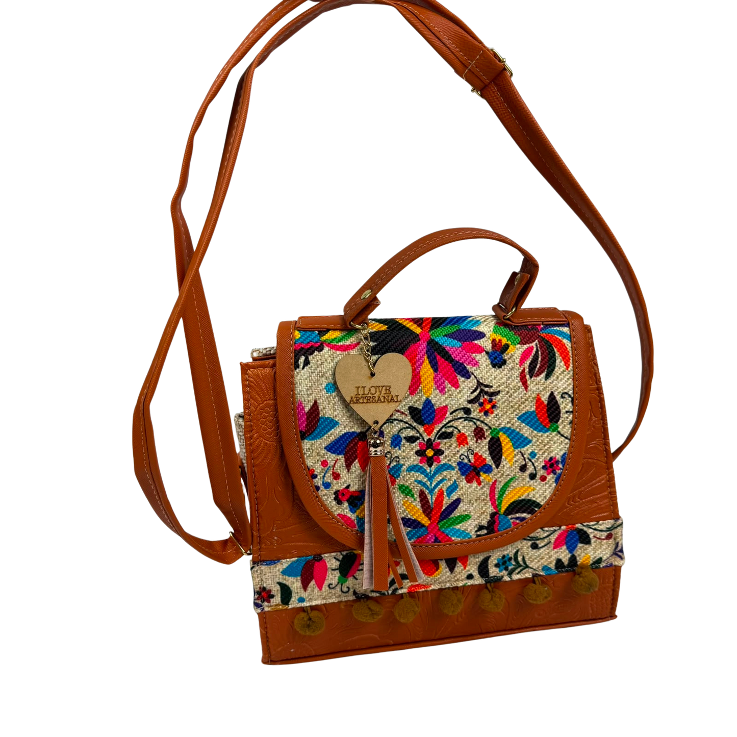 Mochila y Bolso Artesanal Café de Mano 3 en 1 – Bordado Floral Multicolor