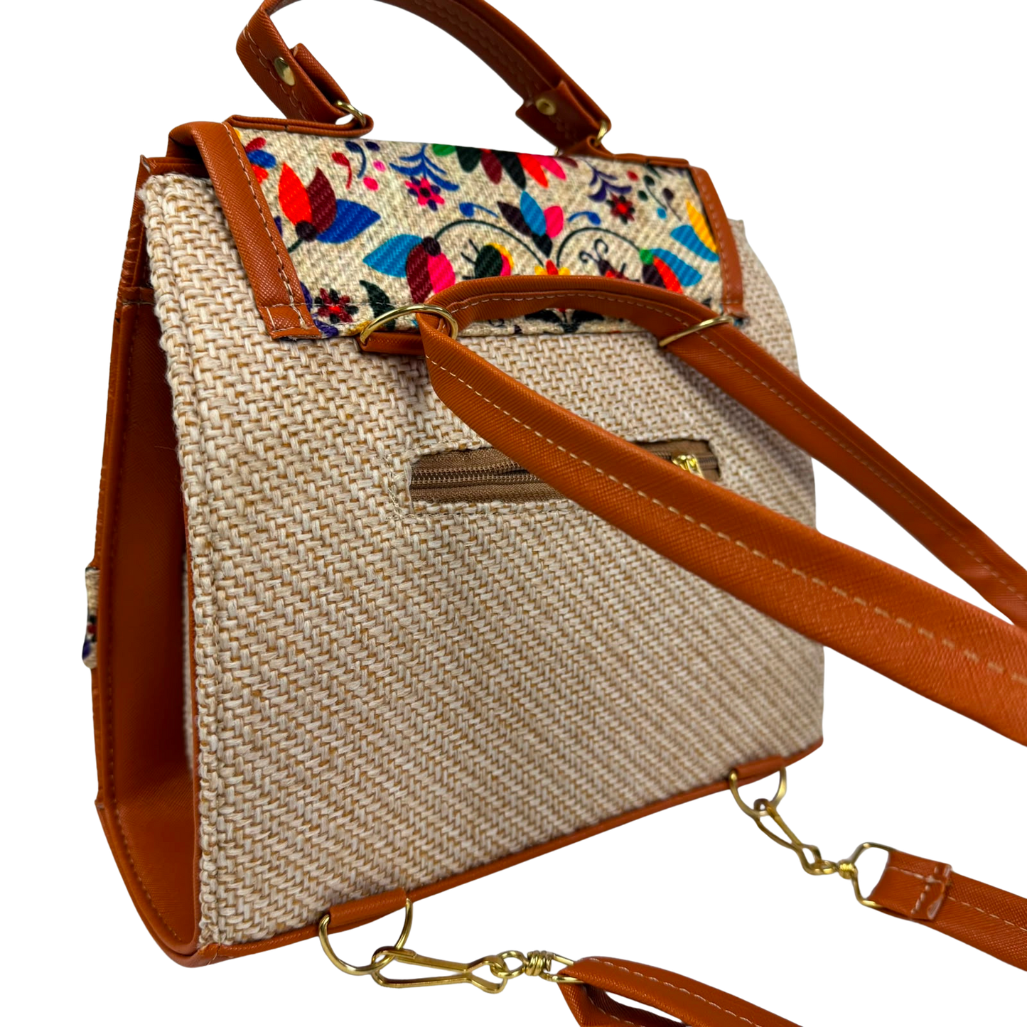 Mochila y Bolso Artesanal Café de Mano 3 en 1 – Bordado Floral Multicolor